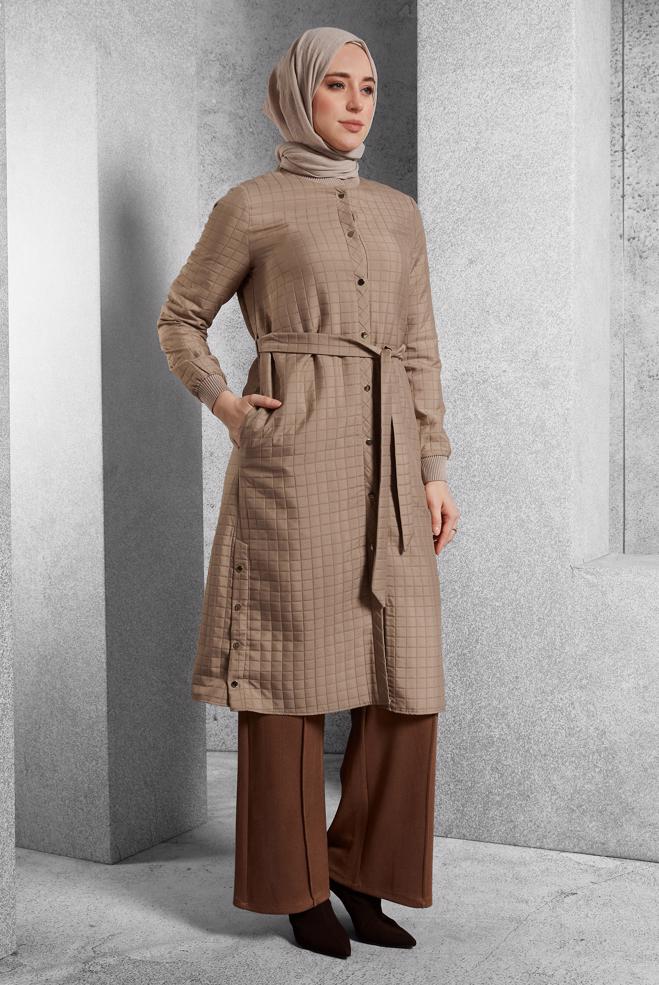 Tesettür giyim KAHVE KUŞAKLI KAPİTONE GİY ÇIK 45228 - ALVİNA