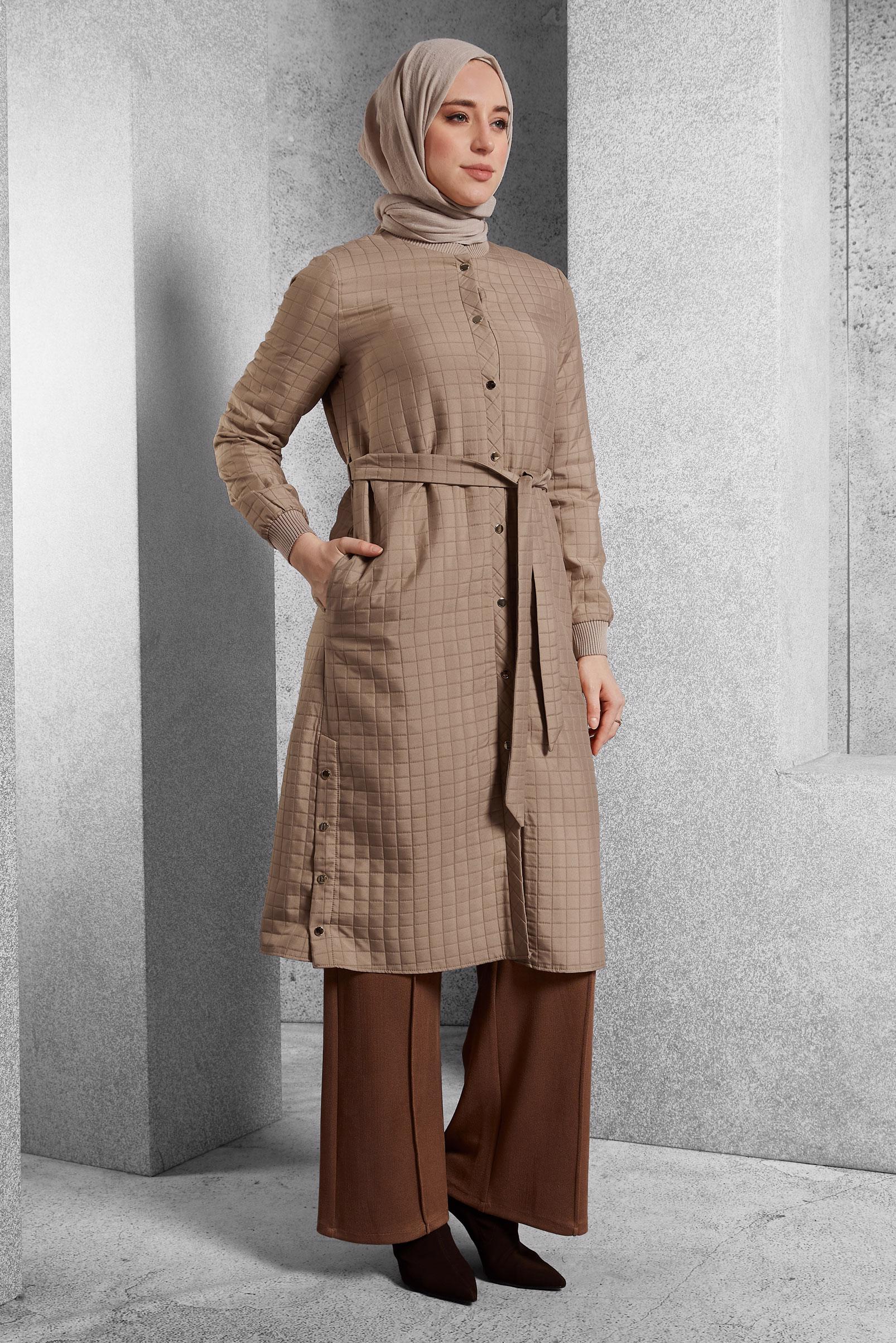 Hijab clothing BROWN BELTED QUILTED JACKET 45228