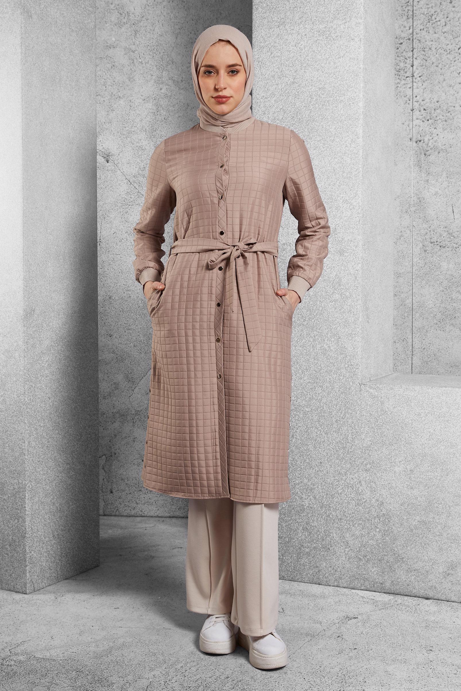 Tesettür giyim KAHVE KUŞAKLI KAPİTONE GİY ÇIK 45228
