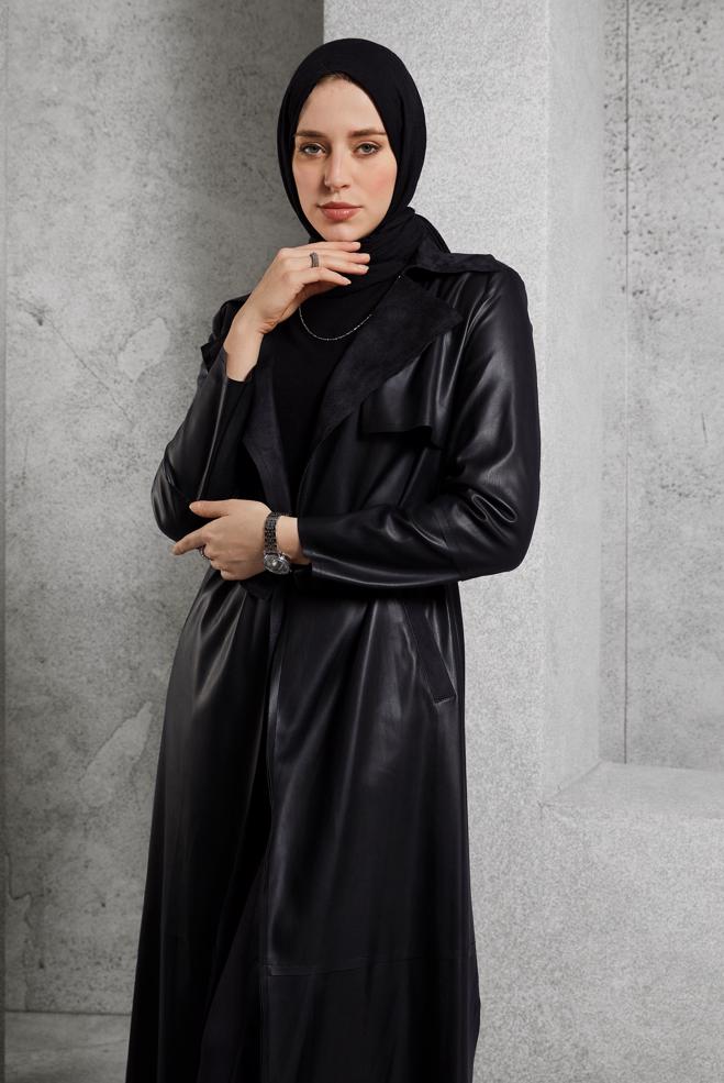 Vêtements hijab NOIR VESTE EN SIMILI CUIR AVEC CEINTURE 45277 - ALVİNA