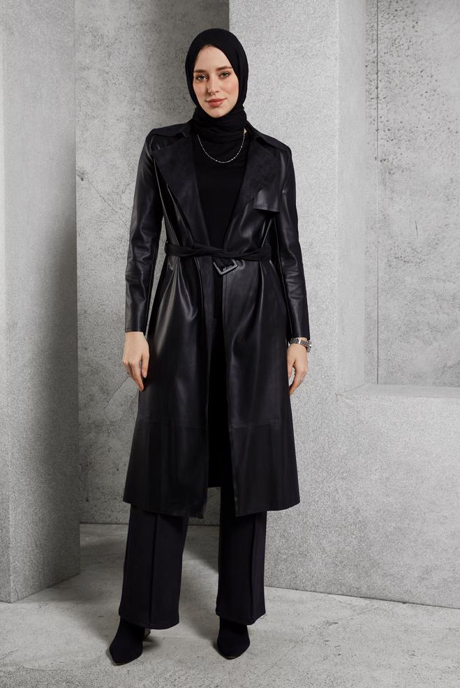 Vêtements hijab NOIR VESTE EN SIMILI CUIR AVEC CEINTURE 45277 - ALVİNA