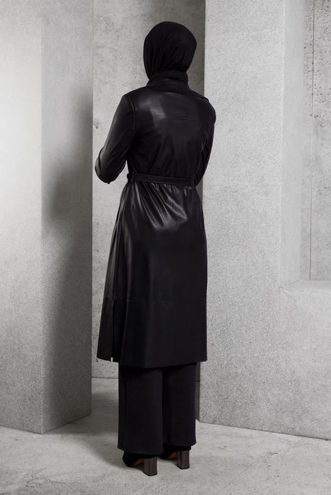 Vêtements hijab NOIR VESTE EN SIMILI CUIR AVEC CEINTURE 45277 - ALVİNA