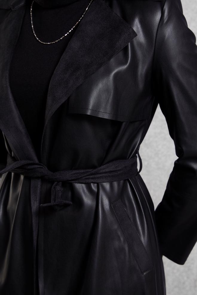 Vêtements hijab NOIR VESTE EN SIMILI CUIR AVEC CEINTURE 45277 - ALVİNA