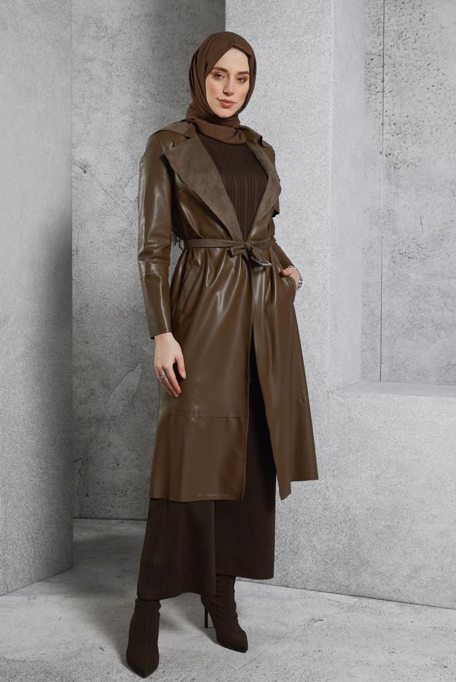 Vêtements hijab BRUN VESTE EN SIMILI CUIR AVEC CEINTURE 45277 - ALVİNA