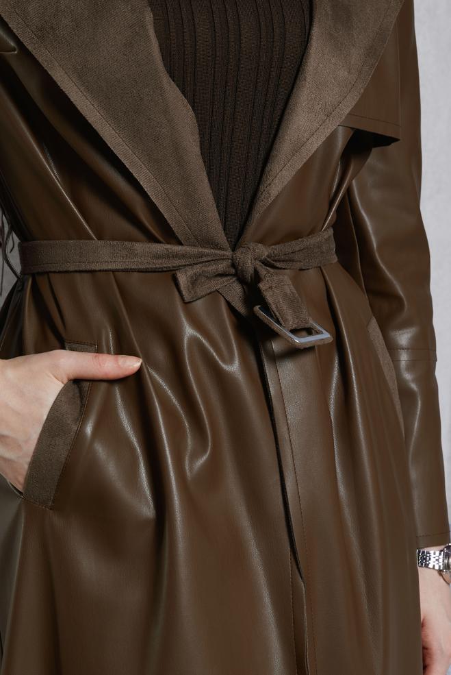 Vêtements hijab BRUN VESTE EN SIMILI CUIR AVEC CEINTURE 45277 - ALVİNA