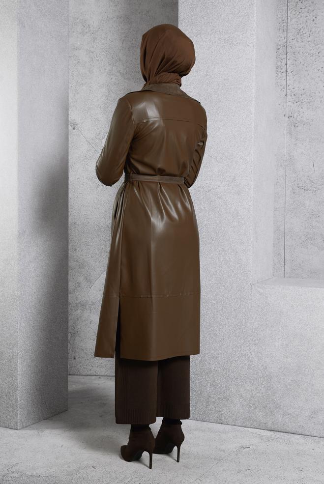 Vêtements hijab BRUN VESTE EN SIMILI CUIR AVEC CEINTURE 45277 - ALVİNA