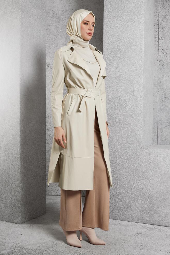 Vêtements hijab BEIGE VESTE EN SIMILI CUIR AVEC CEINTURE 45277 - ALVİNA