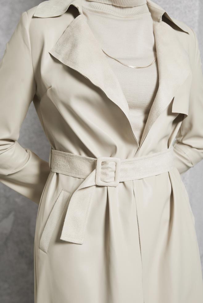 Vêtements hijab BEIGE VESTE EN SIMILI CUIR AVEC CEINTURE 45277 - ALVİNA