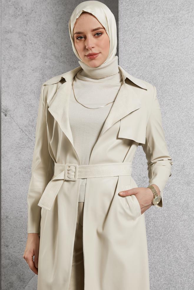 Vêtements hijab BEIGE VESTE EN SIMILI CUIR AVEC CEINTURE 45277 - ALVİNA