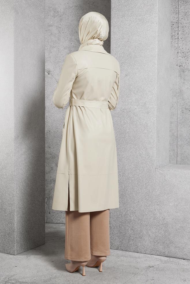 Vêtements hijab BEIGE VESTE EN SIMILI CUIR AVEC CEINTURE 45277 - ALVİNA