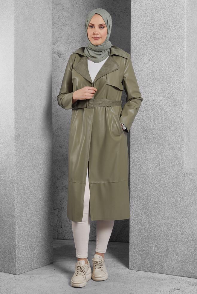 Vêtements hijab KAKI VESTE EN SIMILI CUIR AVEC CEINTURE 45277 - ALVİNA