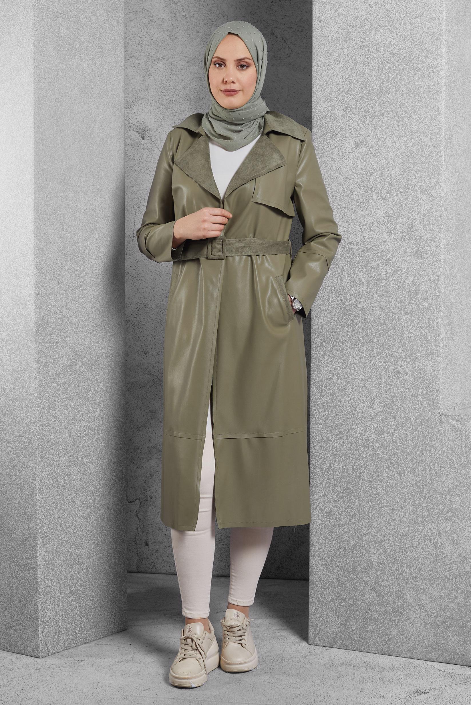 Tesettür giyim HAKİ KEMERLİ SUNİ DERİ GİY ÇIK 45277