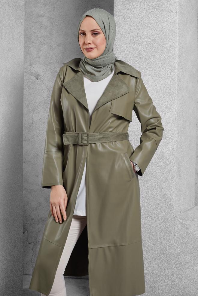 Vêtements hijab KAKI VESTE EN SIMILI CUIR AVEC CEINTURE 45277 - ALVİNA