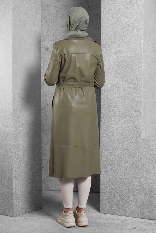 Vêtements hijab KAKI VESTE EN SIMILI CUIR AVEC CEINTURE 45277 - ALVİNA