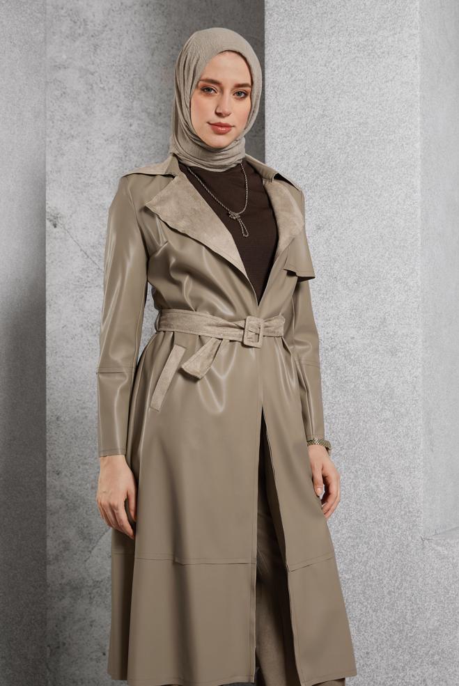 Vêtements hijab BEIGE VESTE EN SIMILI CUIR AVEC CEINTURE 45277 - ALVİNA