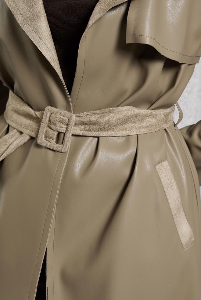 Vêtements hijab BEIGE VESTE EN SIMILI CUIR AVEC CEINTURE 45277 - ALVİNA