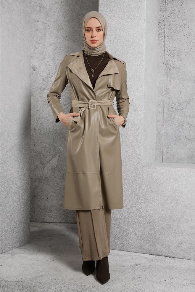 Vêtements hijab BEIGE VESTE EN SIMILI CUIR AVEC CEINTURE 45277 - ALVİNA