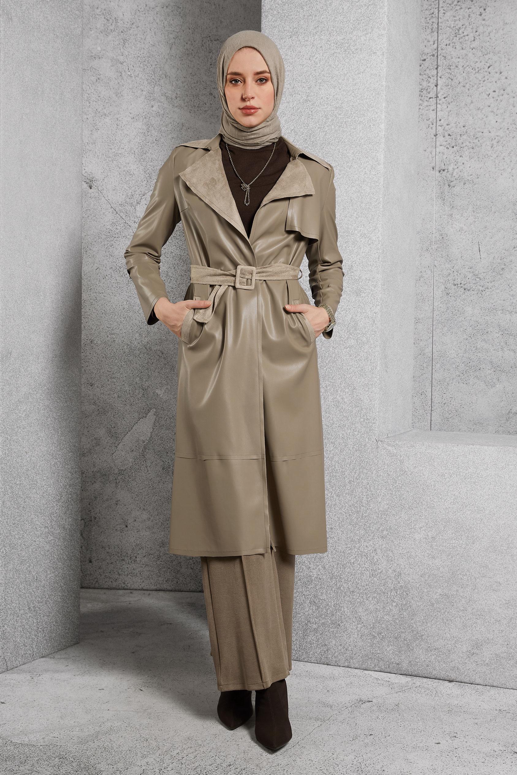 Tesettür giyim BEJ KEMERLİ SUNİ DERİ GİY ÇIK 45277