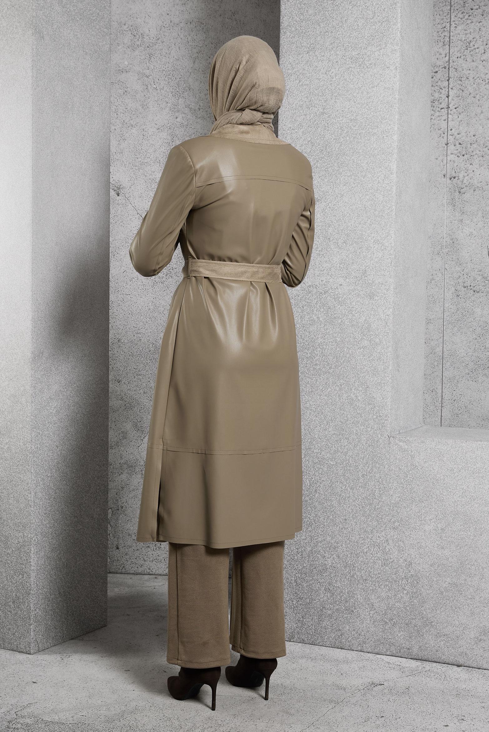 Tesettür giyim BEJ KEMERLİ SUNİ DERİ GİY ÇIK 45277