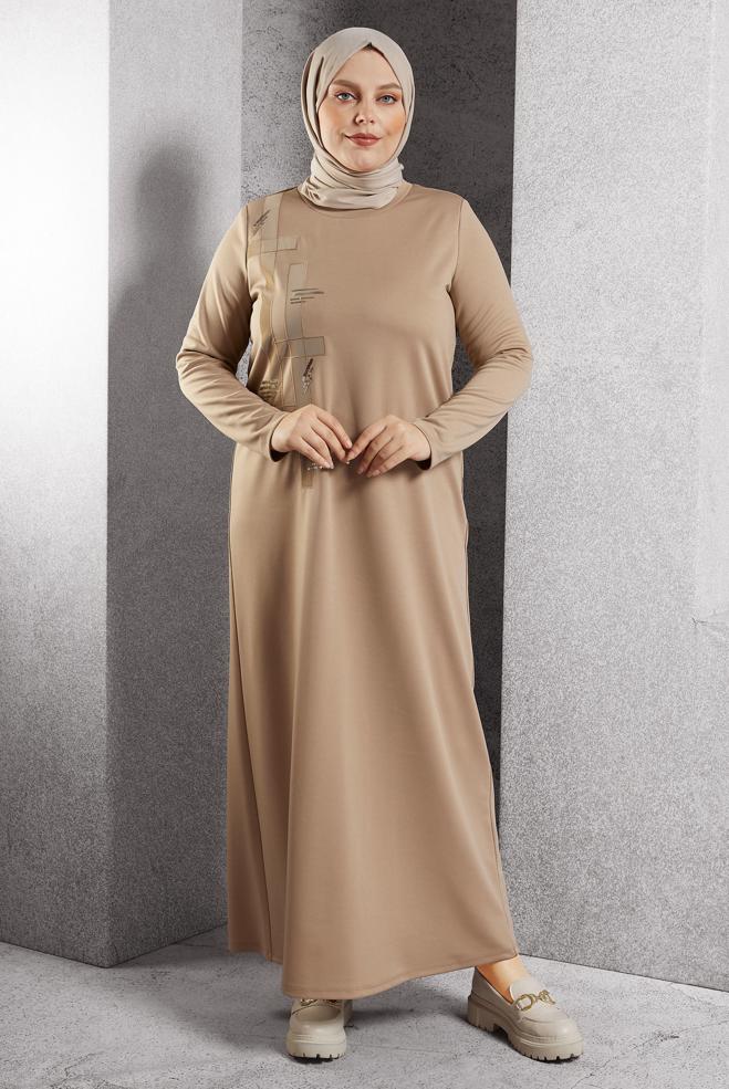 Hijab clothing BEIGE STRIPED DRESS 20633 - ALVİNA