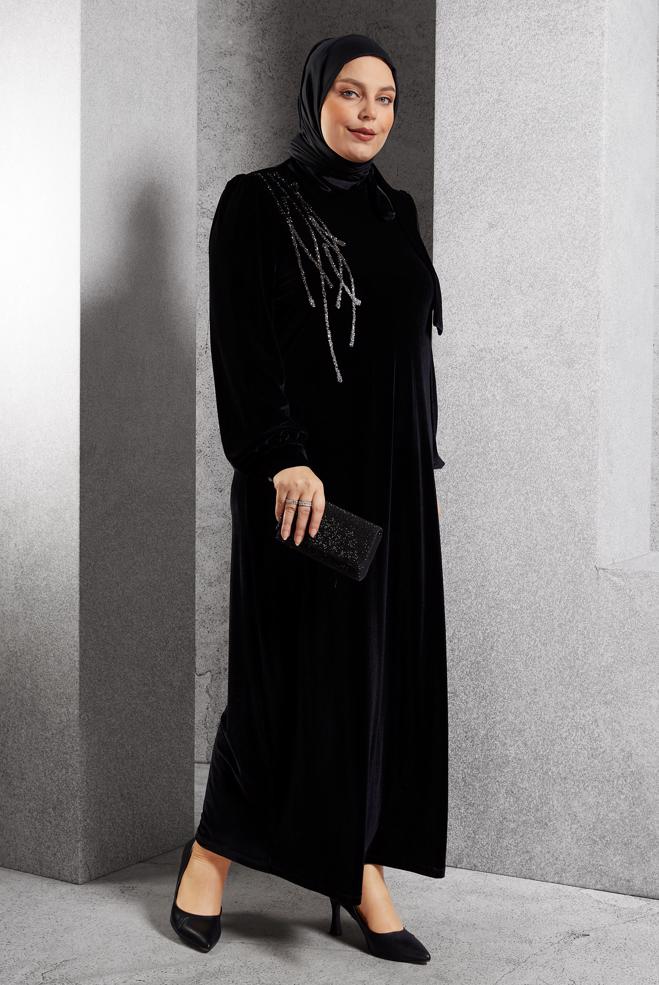 Hijab clothing BLACK PLUS SIZE VELVET DRESS 20644 - ALVİNA