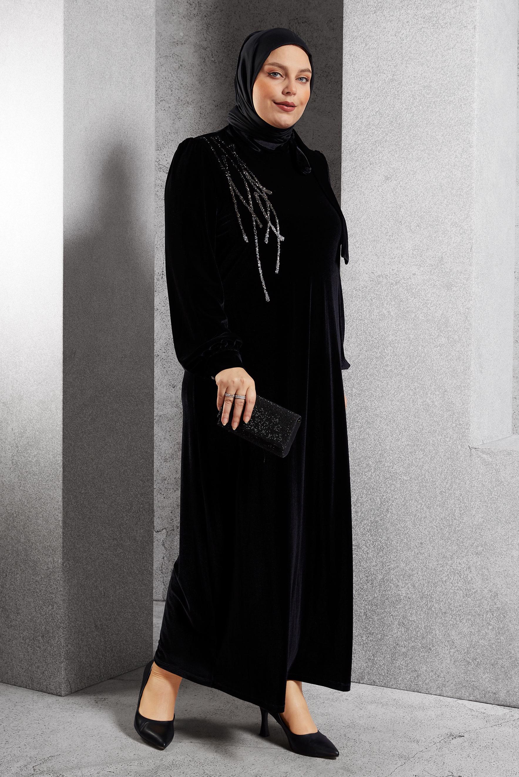 Vêtements hijab NOIR ROBE EN VELOURS GRANDE TAILLE 20644