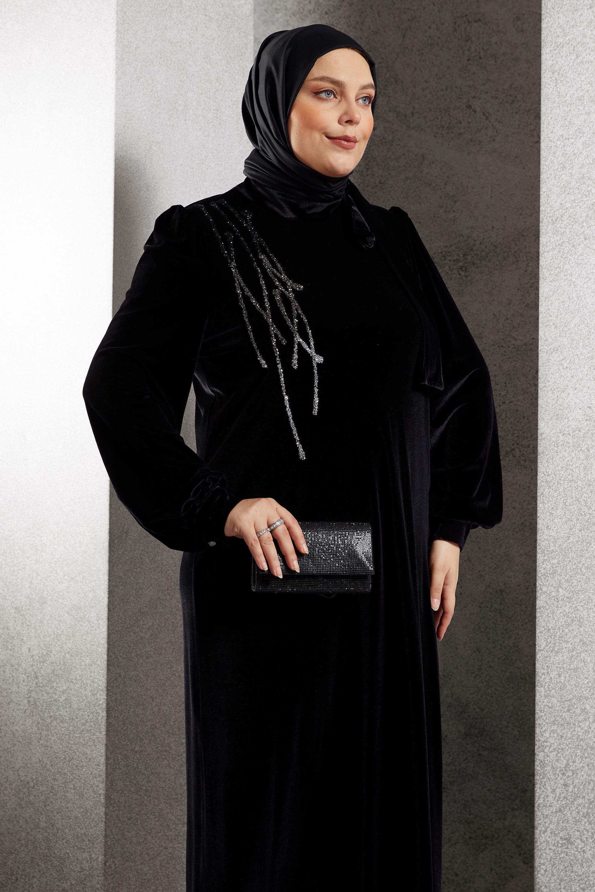 Vêtements hijab NOIR ROBE EN VELOURS GRANDE TAILLE 20644