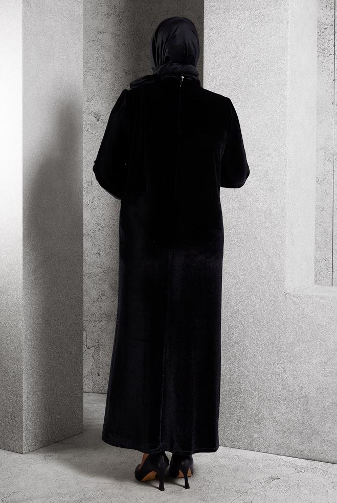 Hijab clothing BLACK PLUS SIZE VELVET DRESS 20644 - ALVİNA