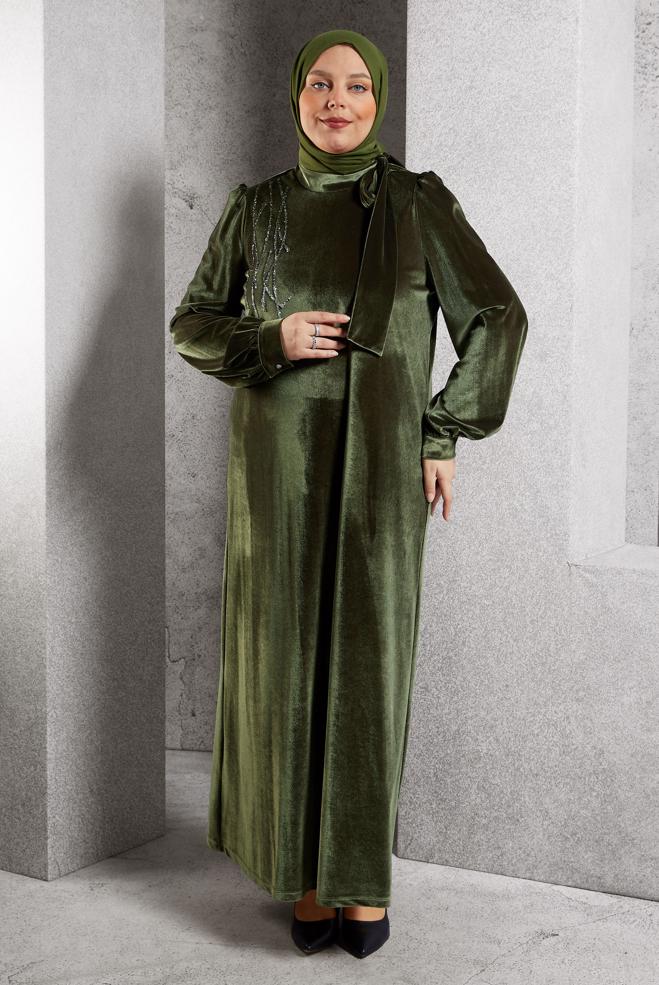 Hijab clothing KHAKI PLUS SIZE VELVET DRESS 20644 - ALVİNA