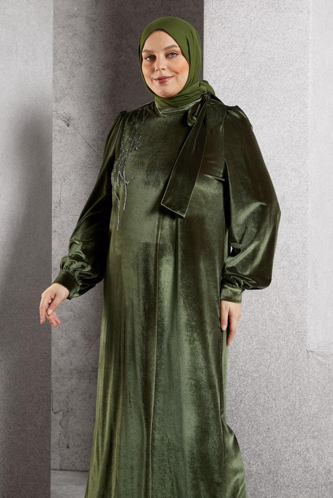 Hijab clothing KHAKI PLUS SIZE VELVET DRESS 20644 - ALVİNA