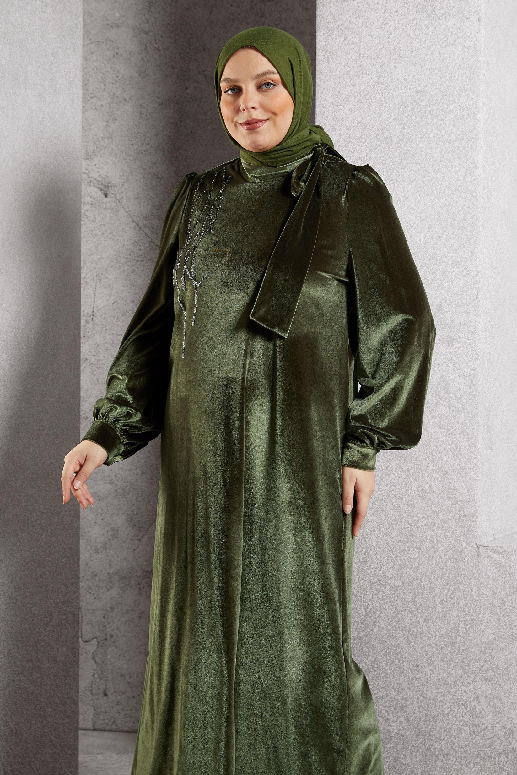 Vêtements hijab KAKI ROBE EN VELOURS GRANDE TAILLE 20644