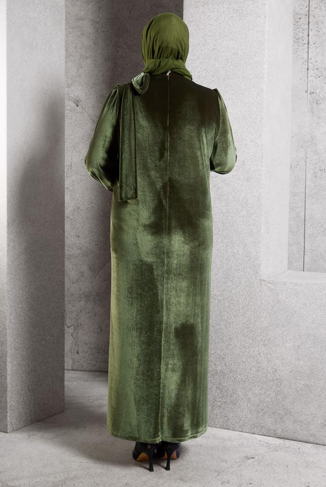 Hijab clothing KHAKI PLUS SIZE VELVET DRESS 20644 - ALVİNA