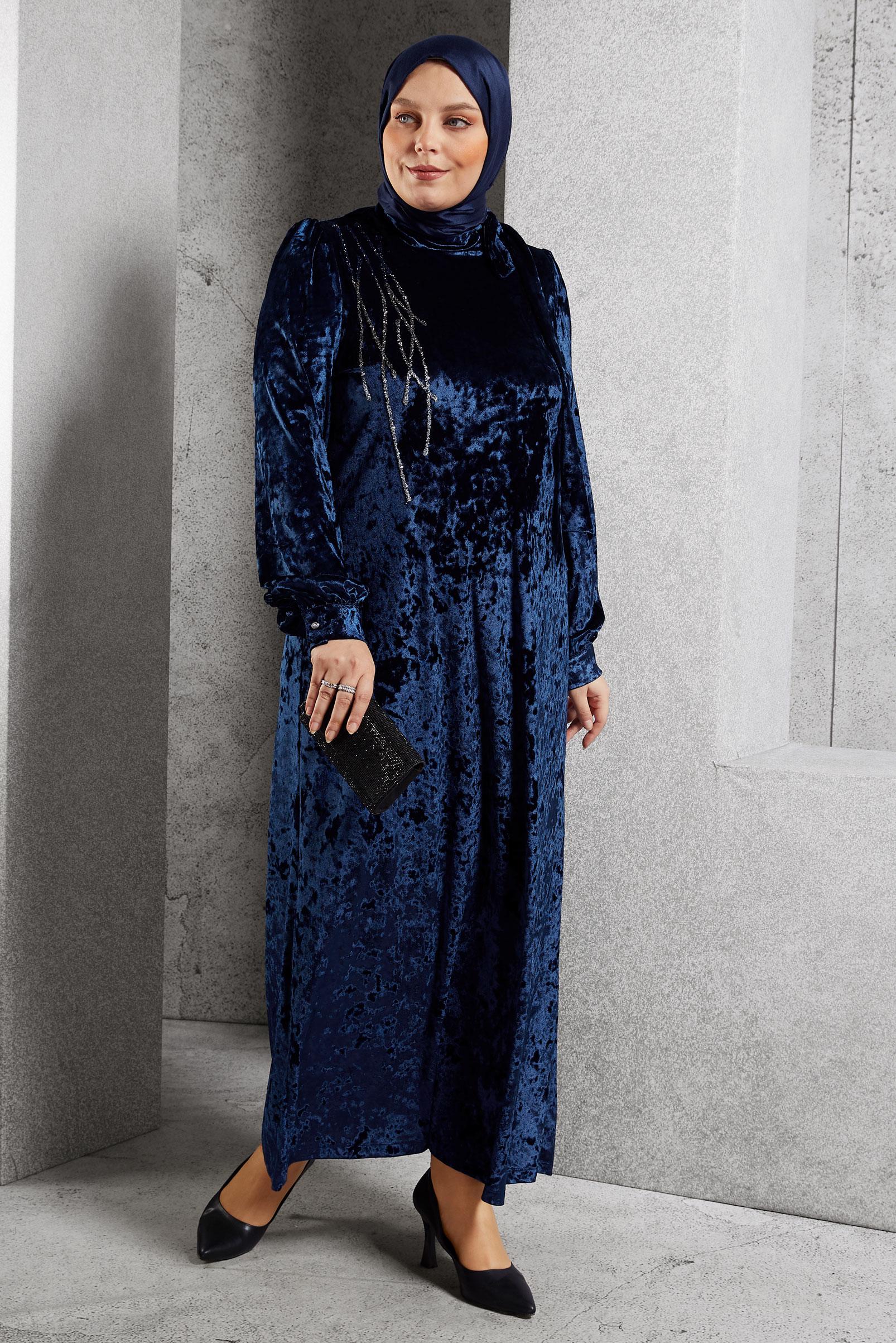 Vêtements hijab BLEU MARINE ROBE EN VELOURS GRANDE TAILLE 20644
