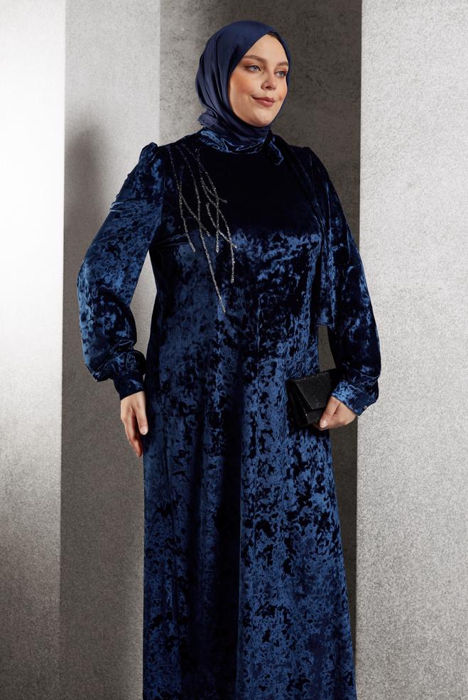 Hijab clothing NAVY BLUE PLUS SIZE VELVET DRESS 20644 - ALVİNA