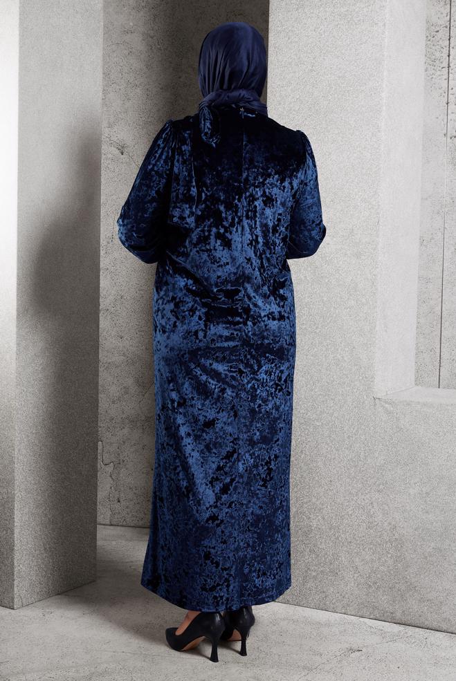 Hijab clothing NAVY BLUE PLUS SIZE VELVET DRESS 20644 - ALVİNA