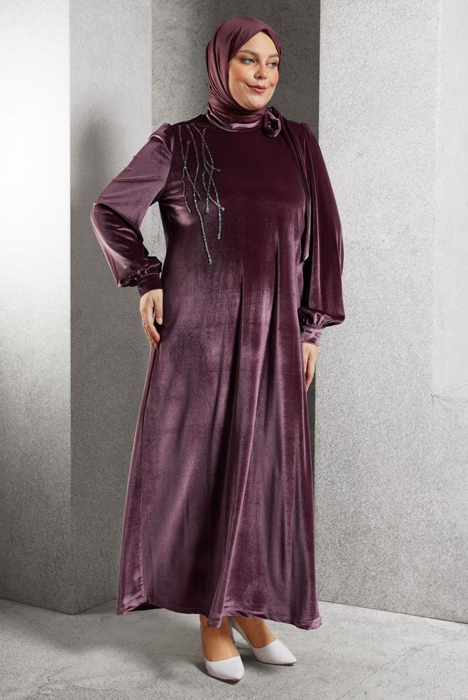 Hijab clothing PINK PLUS SIZE VELVET DRESS 20644 - ALVİNA