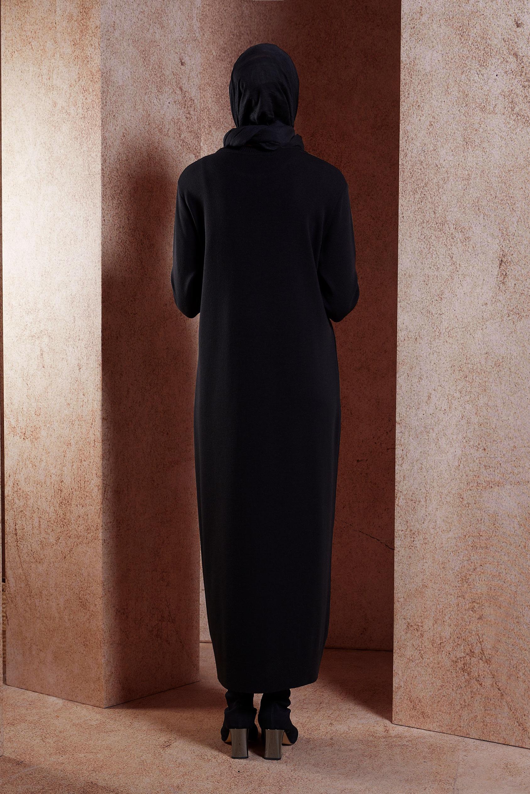 Tesettür giyim SİYAH BİSİKLET YAKA TRİKO ELBİSE 44909