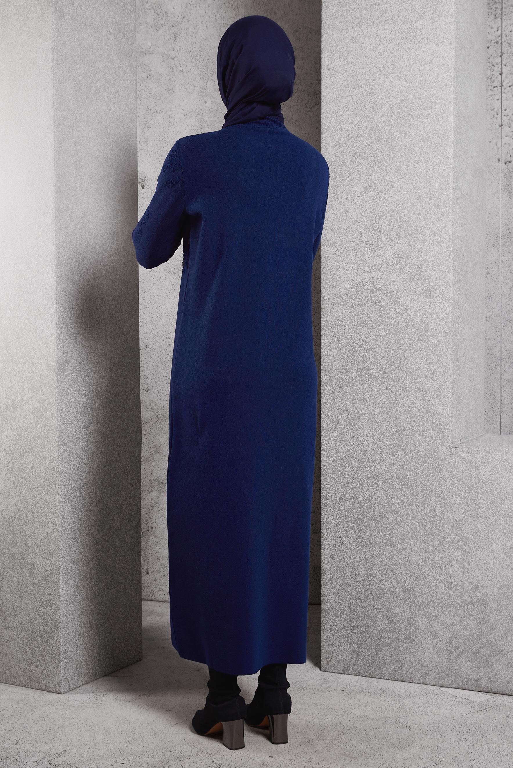 Tesettür giyim LACİVERT TAŞ DETAYLI TRİKO ELBİSE 44915