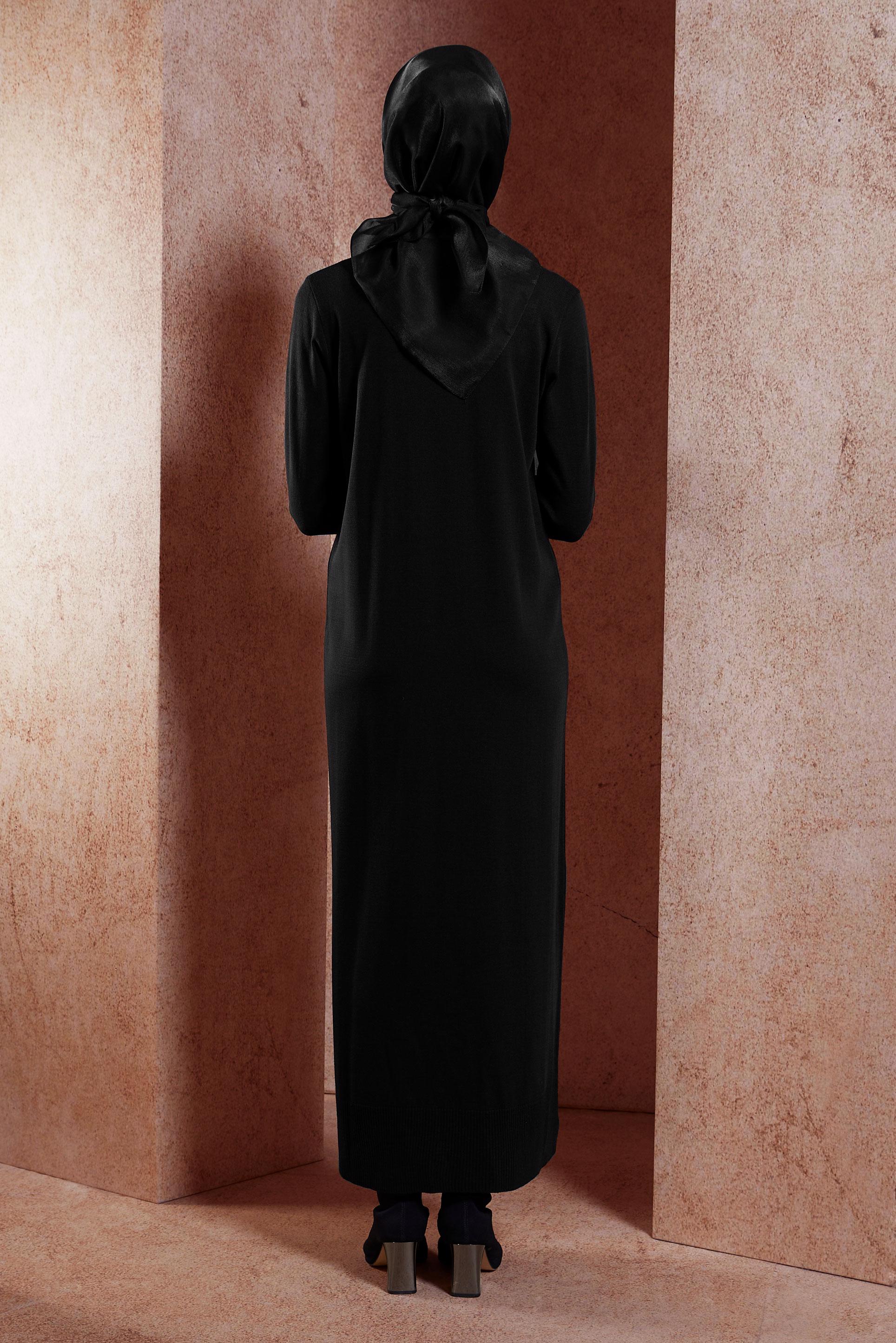 Tesettür giyim SİYAH TAŞ DETAYLI TRİKO ELBİSE 44917