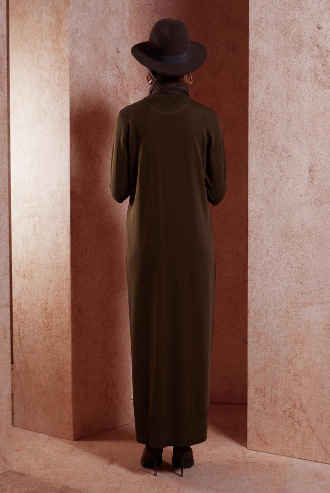 Tesettür giyim KAHVE TAŞ DETAYLI TRİKO ELBİSE 44917 - ALVİNA