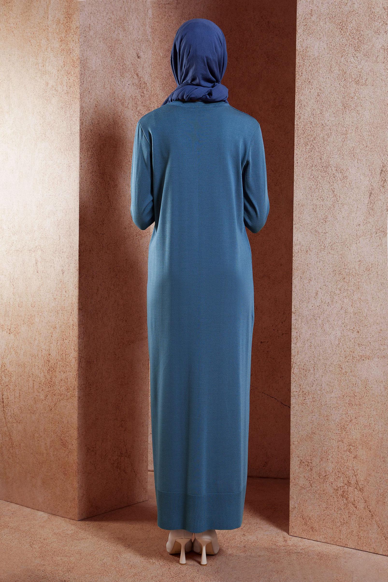 Tesettür giyim LACİVERT TAŞ DETAYLI TRİKO ELBİSE 44917