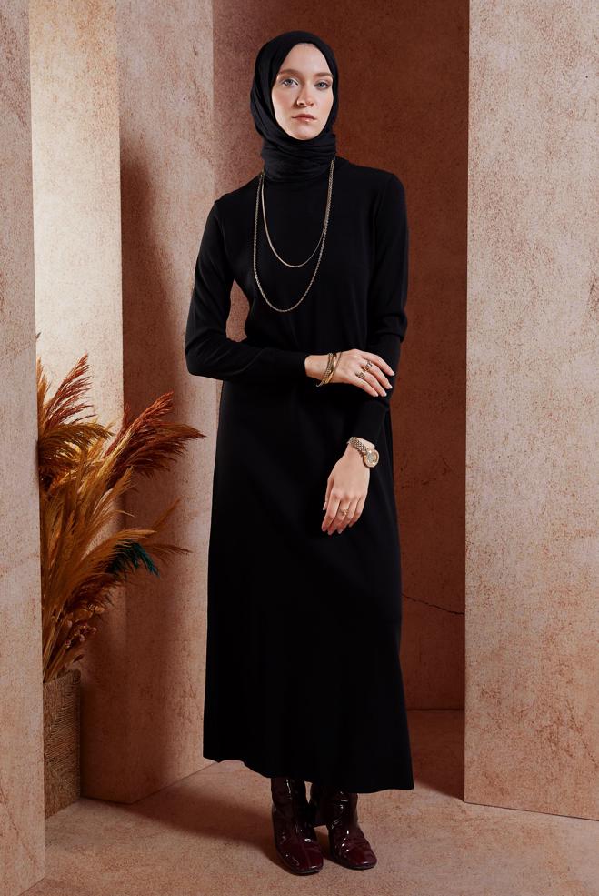Hijab clothing BLACK TURTLENECK KNITWEAR DRESS 44921 - ALVİNA