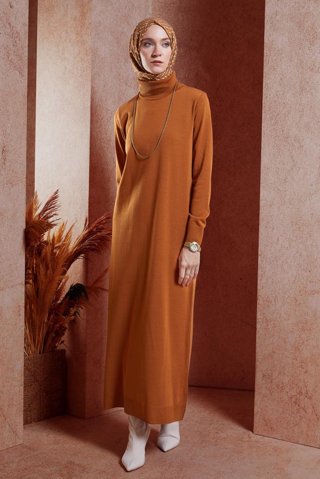 Hijab clothing BROWN TURTLENECK KNITWEAR DRESS 44921 - ALVİNA