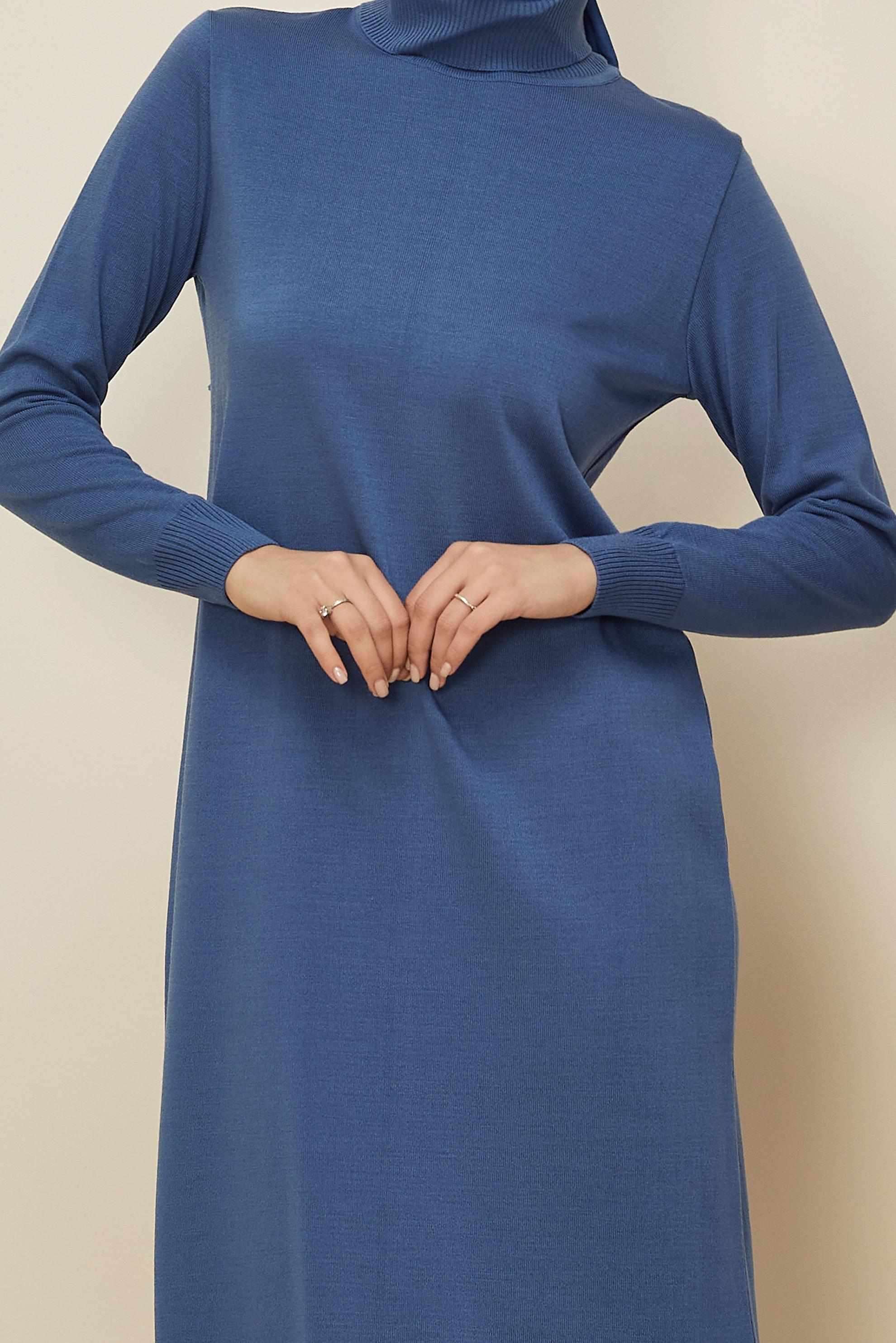 Tesettür giyim MAVİ BOĞAZLI YAKA TRİKO ELBİSE 44921