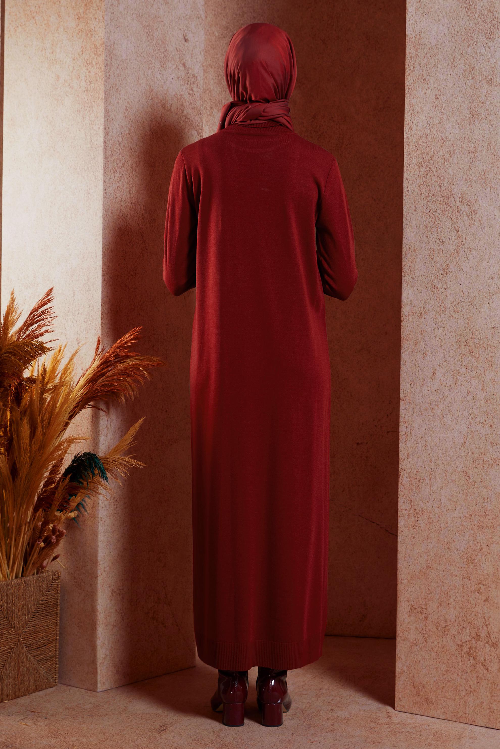 Tesettür giyim BORDO BOĞAZLI YAKA TRİKO ELBİSE 44921