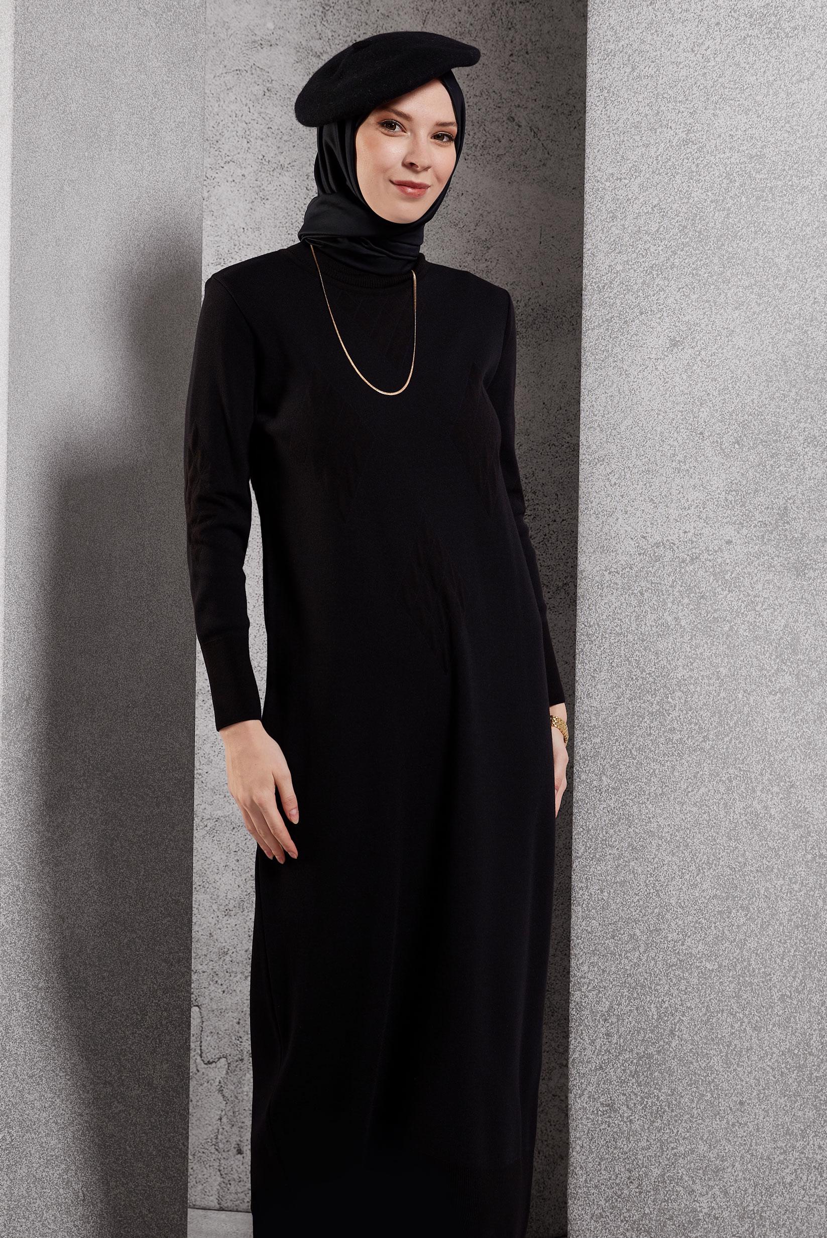 Tesettür giyim SİYAH TRİKO ELBİSE 44922