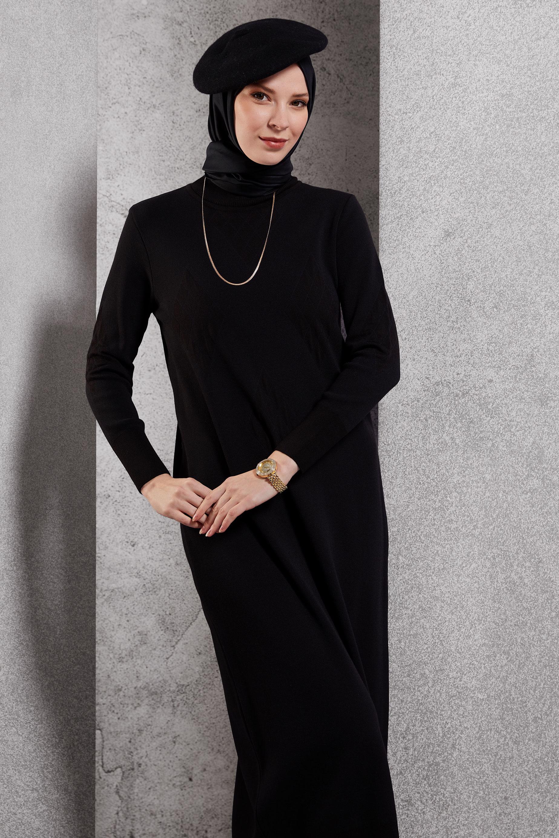 Tesettür giyim SİYAH TRİKO ELBİSE 44922