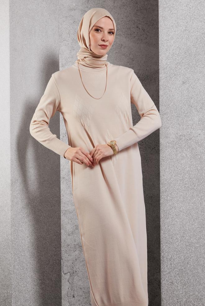 Vêtements hijab BEIGE ROBE EN TRICOT 44922 - ALVİNA