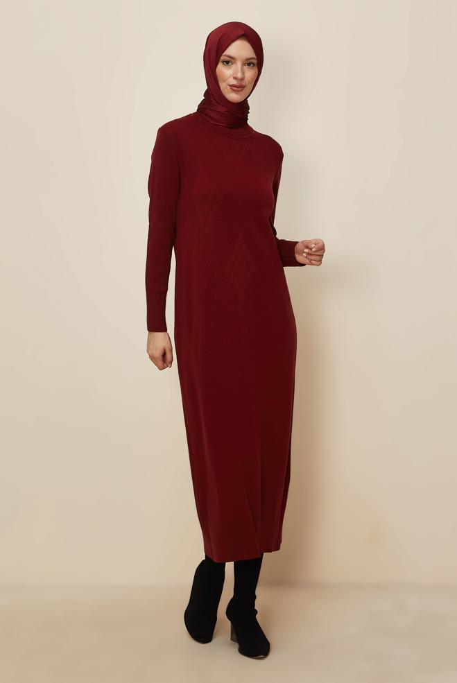 Tesettür giyim BORDO TRİKO ELBİSE 44922 - ALVİNA