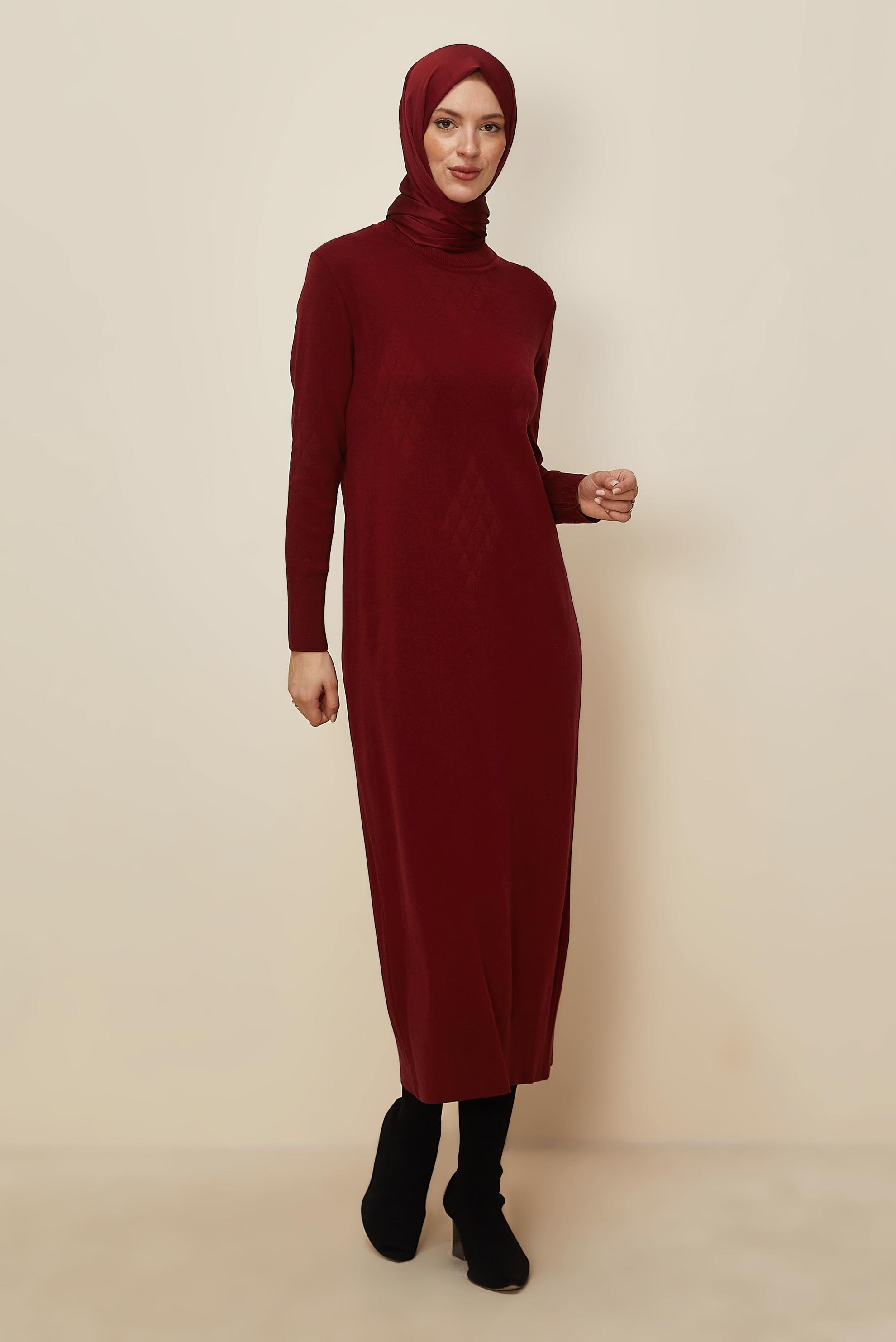 Tesettür giyim BORDO TRİKO ELBİSE 44922